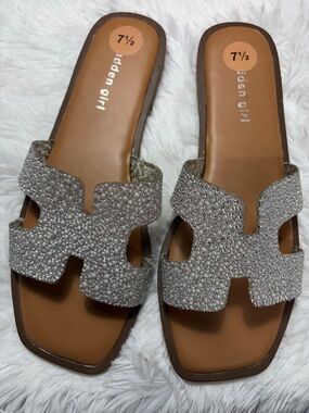 Madden Girl Sparkle Embellished Silver Slide Sandals
